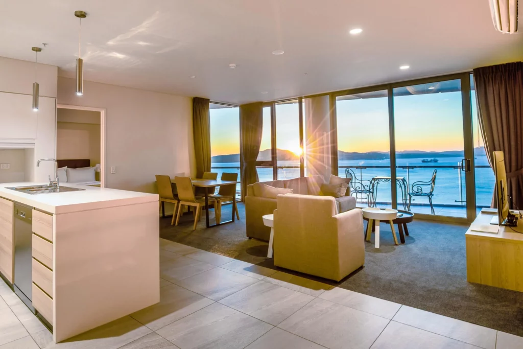 Crowne Plaza room interior at sunset